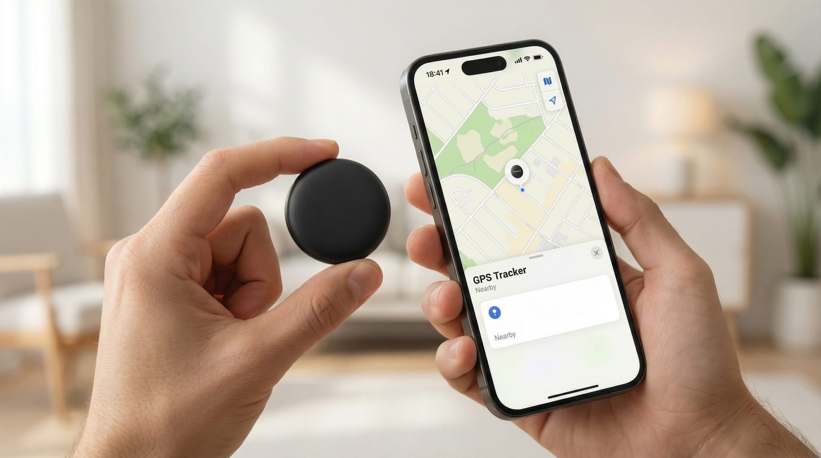 Marcherelle GPS Tracker in hand with app